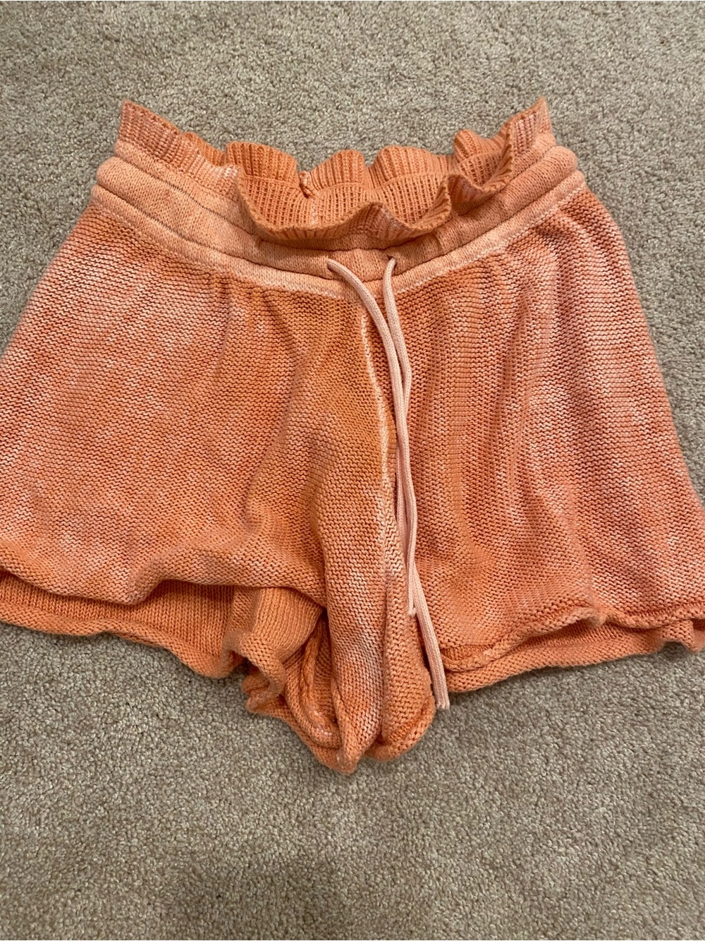 Free People Peach Knit Ruffle-Waist Drawstring Shorts